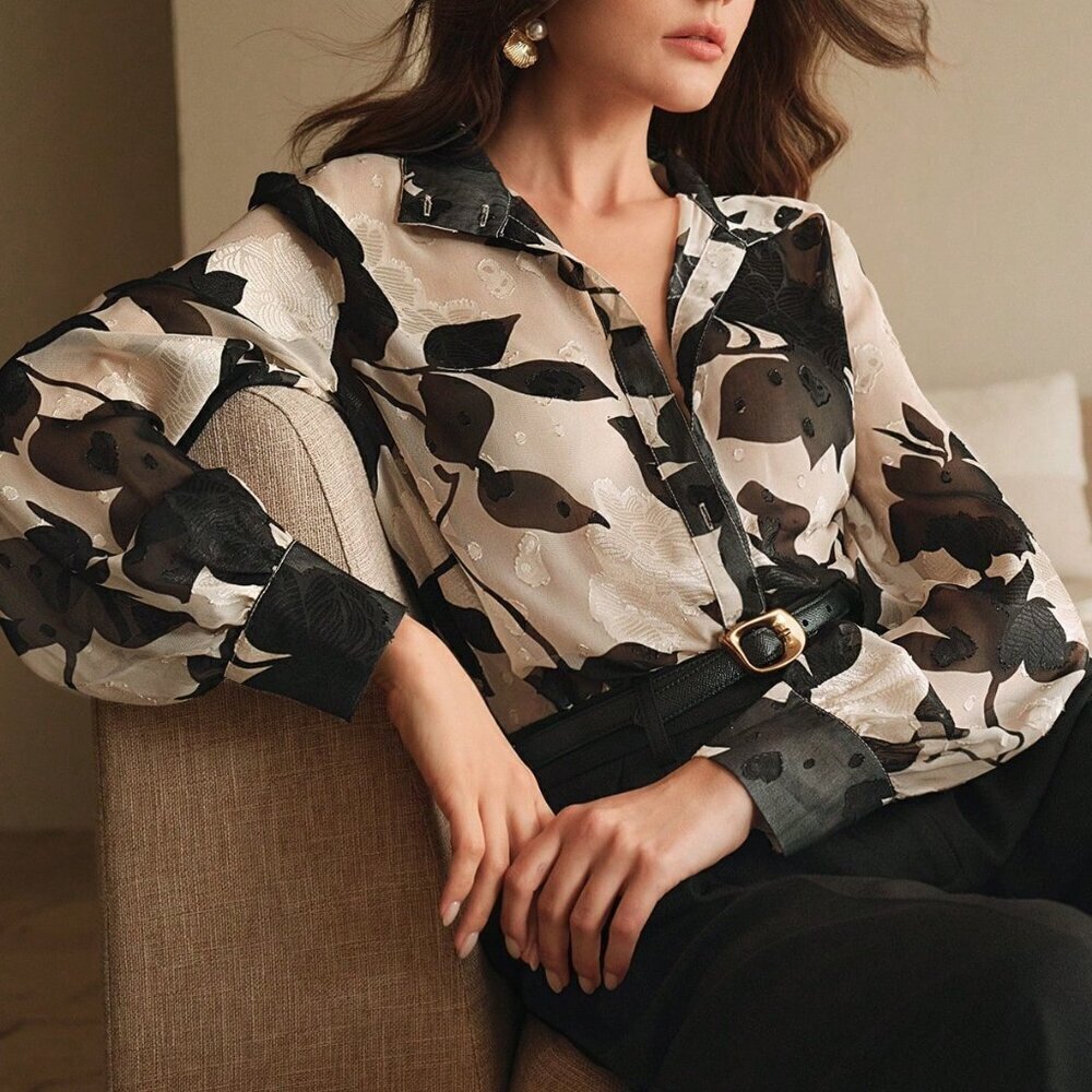 Black Casual Women's French Jacquard floral print Long Sleeved Shirt blouse
